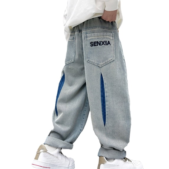 Tiijoy Teen Boys Baggy Straight Leg Jeans Pull On Distressed Ripped Denim Pants, Sizes 13-14