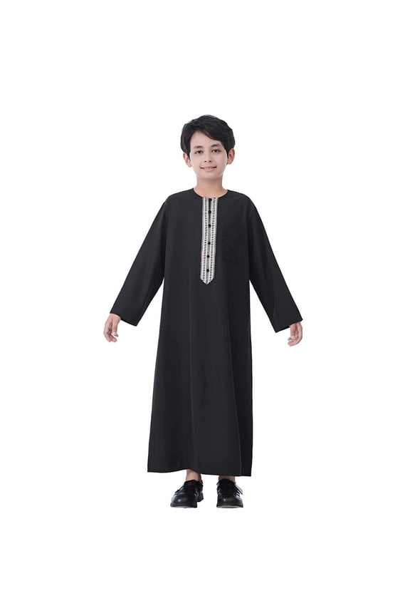 Boys Long Sleeve Thobe Ethnic Style Embroidery Crew Neck Robe, Sizes 4-14