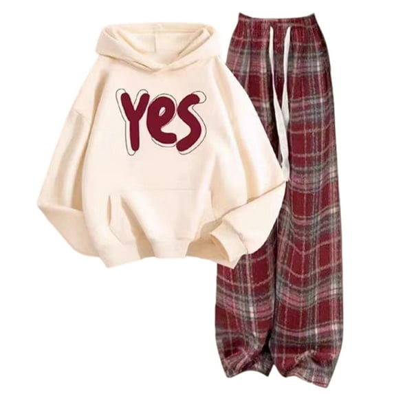 Tiijoy Teen Girls Tracksuit Set Letter Print Hoodie with Plaid Wide Leg Pants, Sizes 14-15