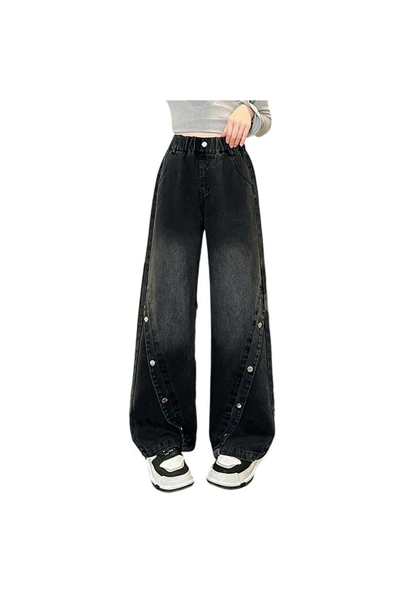Teen Girls High Waisted Straight Leg Jeans Loose Fit Pull On Denim Pants, Sizes 13-14