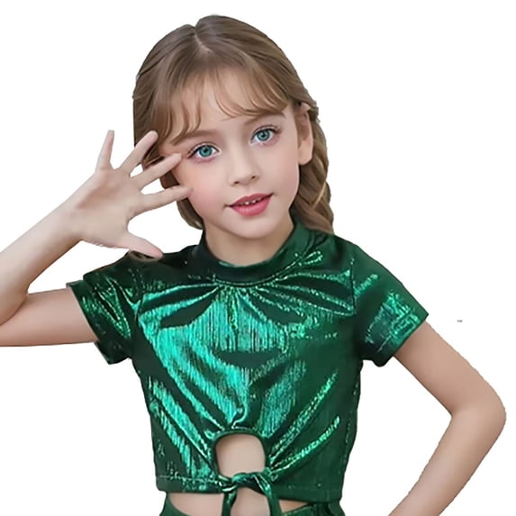 Tiijoy Girls Shiny Metallic Short Sleeve T-Shirt Dance Party Performance Crop Top