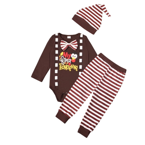 Tiijoy Thanksgiving Clothes Set for Baby Turkey Print Bodysuit Pants Hat Set, Sizes 6-12M