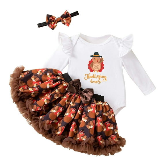 Tiijoy Thanksgiving Girls Outfits 3 Piece Cute Turkey Bodysuit Skirt Headband, Sizes 3-6M