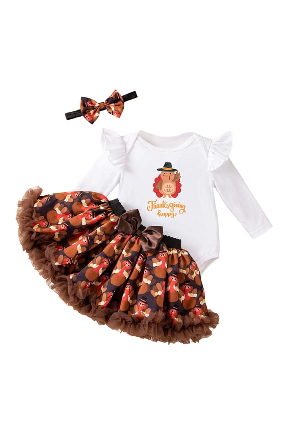 Thanksgiving Girls Outfits Cute Turkey Print Long Sleeve Bodysuit Tutu Skirt Hairband Set
