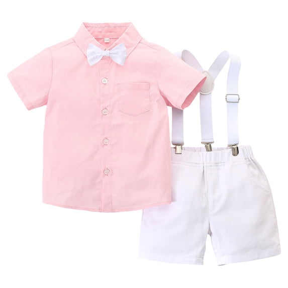 Tiijoy Toddler Boy Outfits Short Sleeve Button-Down Shirt Suspender Shorts Set, Sizes 0-7