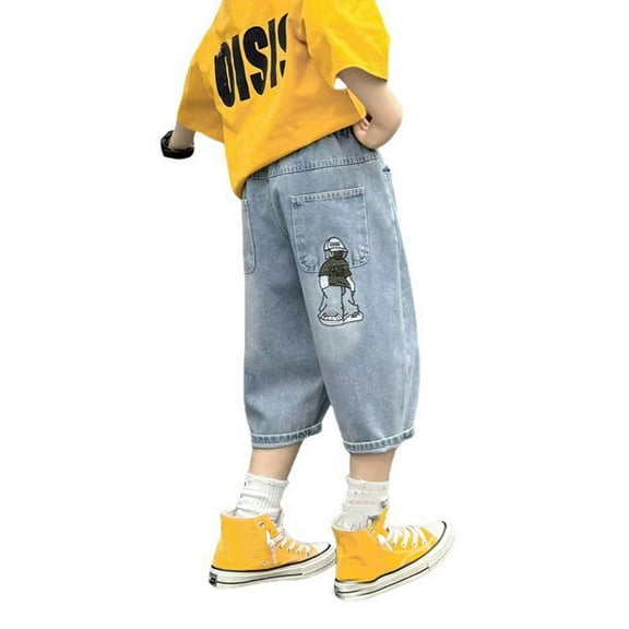 Tiijoy Toddler Boy's Cartoon Embroidery Cropped Jeans Fashion Loose Lightweight Denim Pants