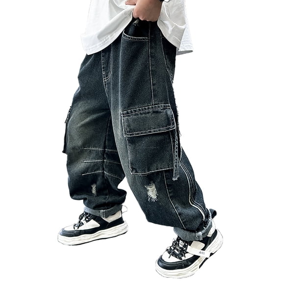 Tiijoy Toddler Boy's Wide Leg Ripped Jeans Loose Straight Cargo Denim Pants Kids Trousers