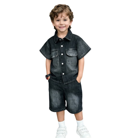 Tiijoy Toddler Boys Denim Outfits Summer Fashion Short Sleeve Button Down Shirt Shorts Set