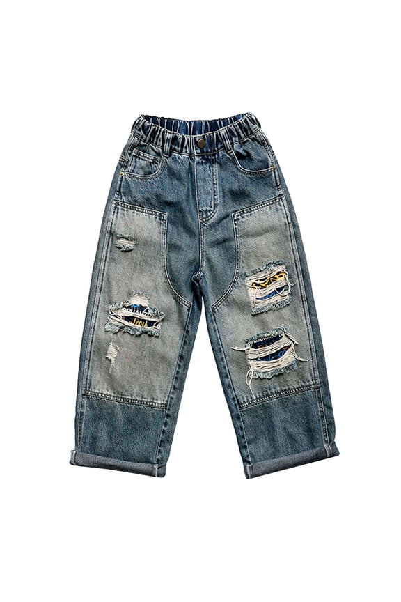 Toddler Boys Distressed Ripped Jeans Loose Straight Leg Denim Pants, Sizes 4-16