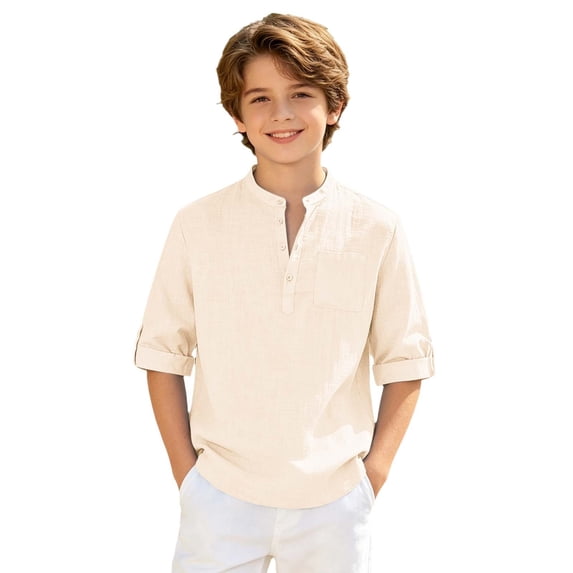 Tiijoy Toddler Boys Lightweight Linen Shirt Casual Plain Long Sleeve Henley Shirt, Beige