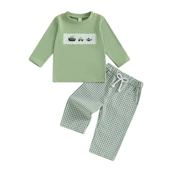 Tiijoy Toddler Boys Outfits Cotton Long Sleeve T Shirt and Plaid Pants Set, Sizes 2-3
