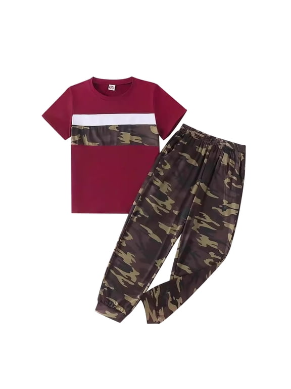 Toddler Boys Outfits Letter Print Short Sleeve T-Shirt Camo Pants Set, Sizes 3-14