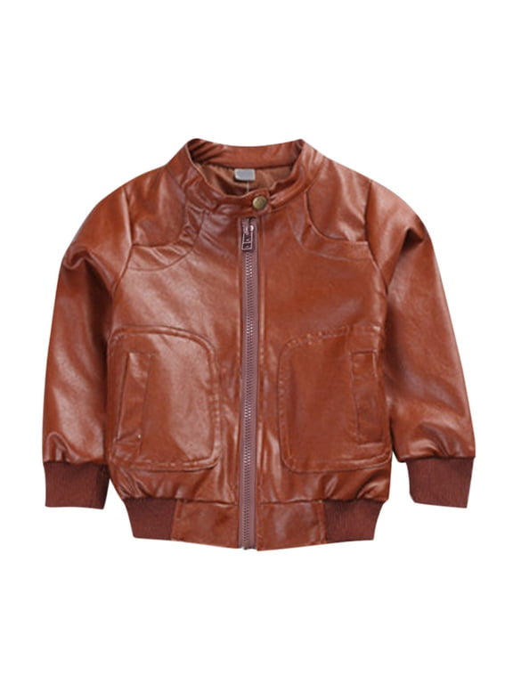 Toddler Boys Pu Leather Jacket Spring Fall Fashion Full Zip Coat Outerwear, Brown
