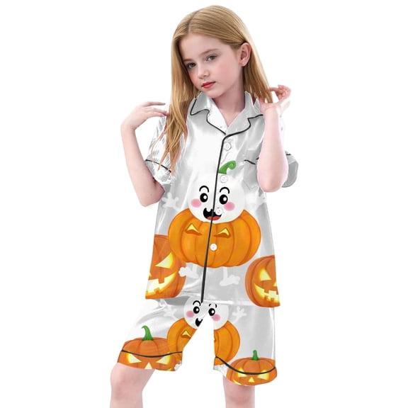 Tiijoy Toddler Girl Pajama Set Cute Pumpkin Print Satin Silk Sleepwear Set, 3-Piece, Sizes 4-5T