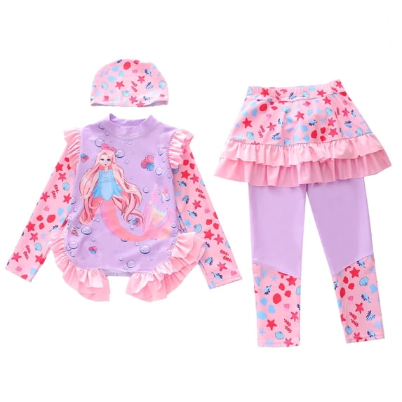 Tiijoy Toddler Girl's Long Sleeve Rashguard Swimsuit Pants Swim Cap Bathing Suits, 3-Piece, Sizes 2-12