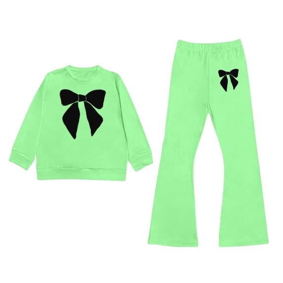 Tiijoy Toddler Girl's Outfits Bow Print Pullover Sweatshirt & Flared Pants Set, Sizes 3-10