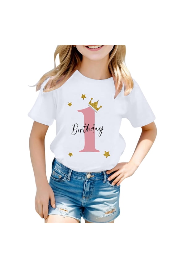 Toddler Girls 1St Birthday T Shirt Short Sleeve Crew Neck T-Shirt Tee, Sizes 4-5T