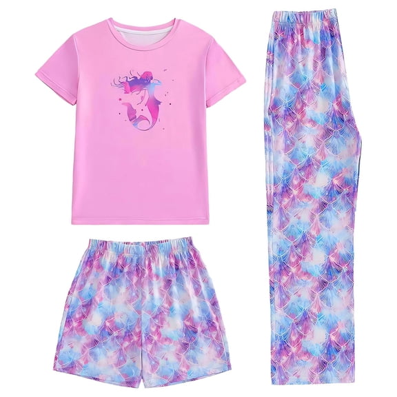 Tiijoy Toddler Girls 3 Piece Pajamas Soft Short Sleeve T Shirt Shorts Pants Loungewear, Sizes 2-3