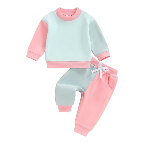 Tiijoy Toddler Girls Casual Outfits Color Block Crew Neck Sweatshirt Pants Set, Sizes 0-3T