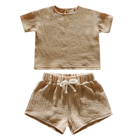 Tiijoy Toddler Girls Cotton Linen Outfits Solid Plain Short Sleeve T Shirt Shorts Set, Sizes 2-3