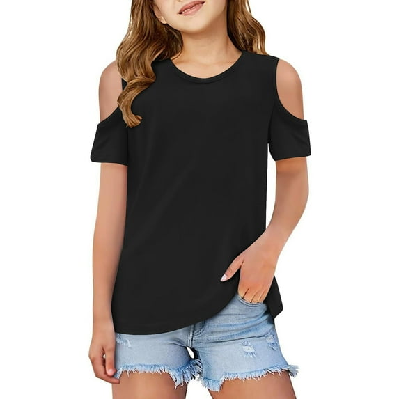 Tiijoy Toddler Girls Crew Neck Cold Shoulder Tee Top Solid Color Short Sleeve T-Shirt, Sizes 3-4