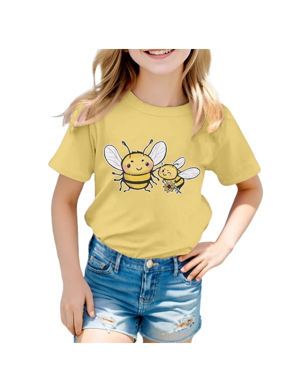 Toddler Girls Cute Bee Graphic Tee Casual Short Sleeve T Shirt for Kids, Yellow