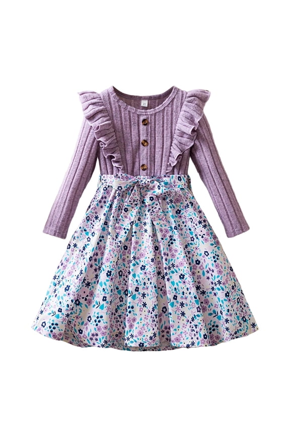 Toddler Girls Floral Sweater Dress Ruffle Long Sleeve Ribbed Knit Dress, Sizes 4-5