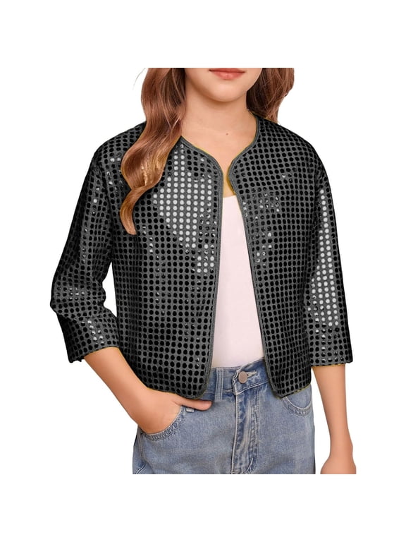 Toddler Girls Glitter Jacket Stage Performance Cheerleader Cardigan Coat, Black