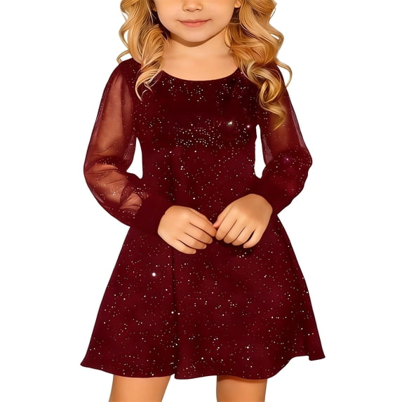 Tiijoy Toddler Girls Glitters A Line Dress Contrast Mesh Long Puff Sleeve Party Dress, Sizes 4-5