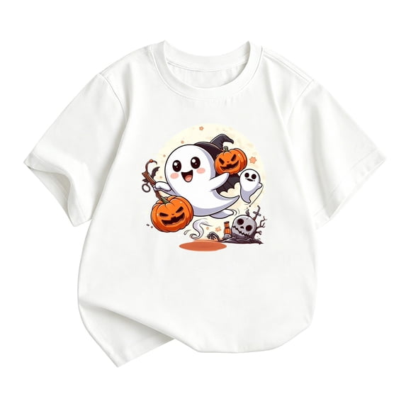 Tiijoy Toddler Girls Halloween Short Sleeve T Shirt Ghost Cartoon Graphic Tee, White, Sizes 2-3