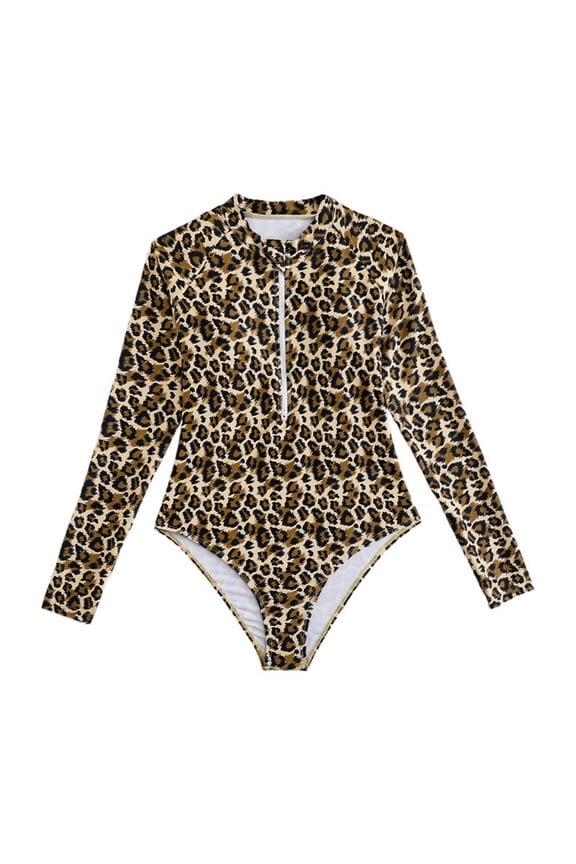 Toddler Girls Leopard Print Long Sleeve Rash Guard One-Piece Swimsuit, Sizes 8-14