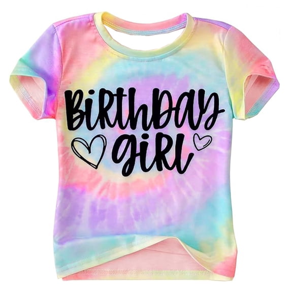 Tiijoy Toddler Girls Letter Print Tie Dyed T-Shirt Short Sleeve Birthday T Shirt, Sizes 1-2