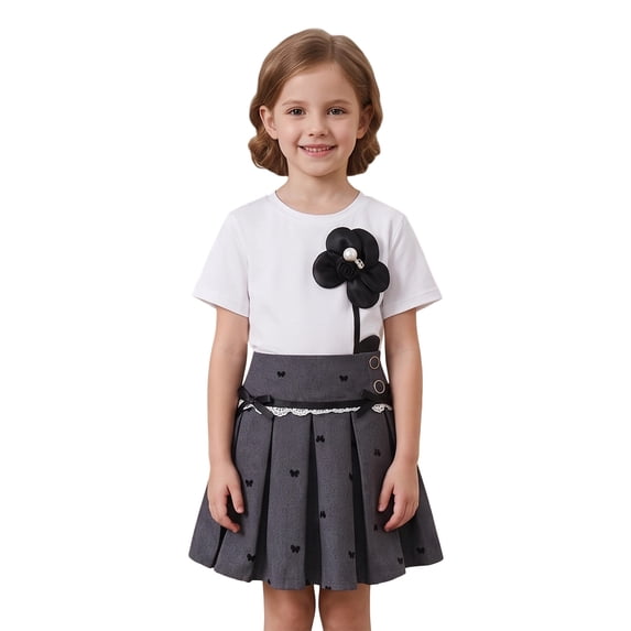 Tiijoy Toddler Girls Outfits 3D Flower Short Sleeve T-Shirt Pleated Skirt Set, Sizes 3-4