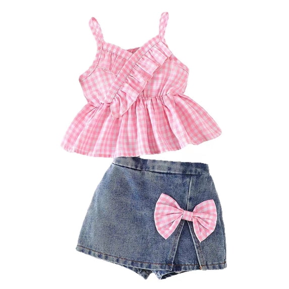 Tiijoy Toddler Girls Outfits Checkered Ruffle Camisole Bow Jean Shorts Set, Sizes 3-4