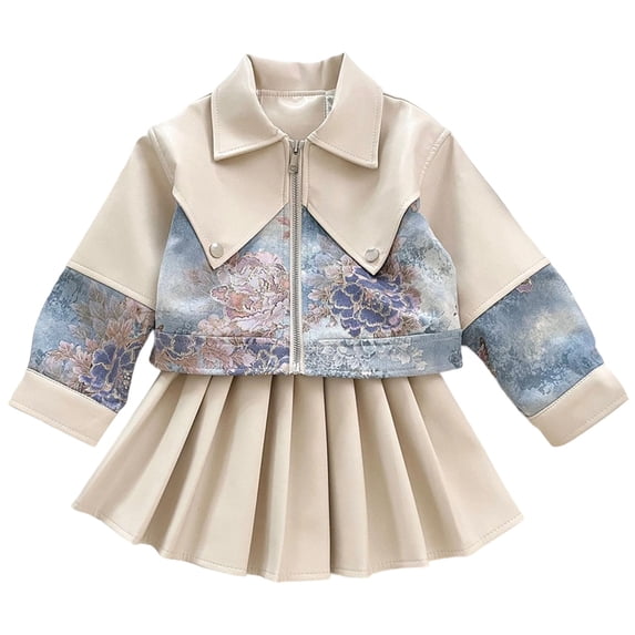 Tiijoy Toddler Girls Outfits Flower Print Zip-Up Leather Jacket with Pleated Skirt Set