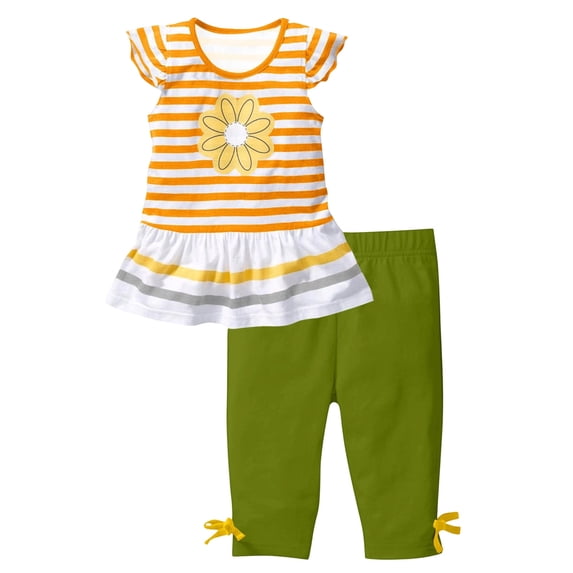 Tiijoy Toddler Girls Outfits Sunflower Striped Flutter Sleeve T-Shirt Capris Set, Sizes 3-4