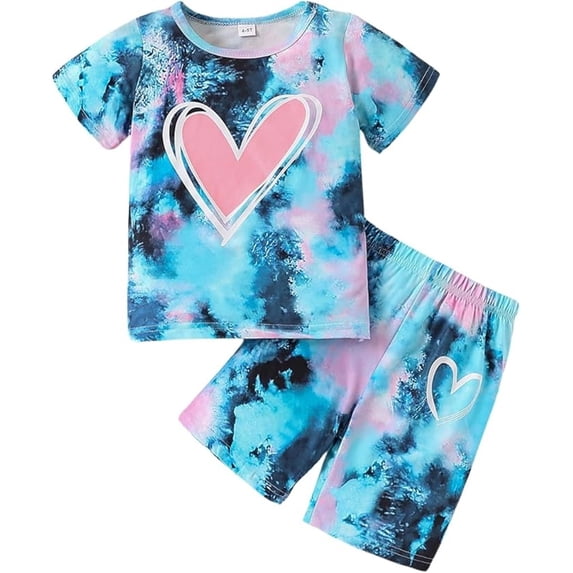 Tiijoy Toddler Girls Outfits Tie Dyed Heart Print Short Sleeve Tee Shorts Set, Sizes 3-4