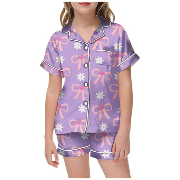 Tiijoy Toddler Girls Pajama Set Bow Print Short Sleeve Button Shirt Shorts Sleepwear Set