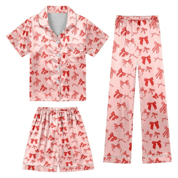 Tiijoy Toddler Girls Pajama Set Bow Print Silk Satin Nightwear Sleepwear, 3-Piece, Sizes 4-5