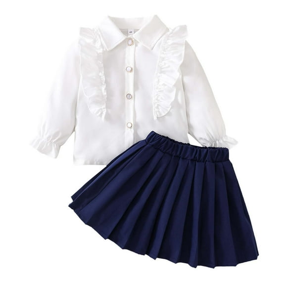 Tiijoy Toddler Girls School Uniform Ruffle Long Sleeve Shirt Pleated Skirt Outfits, Sizes 4-5Y