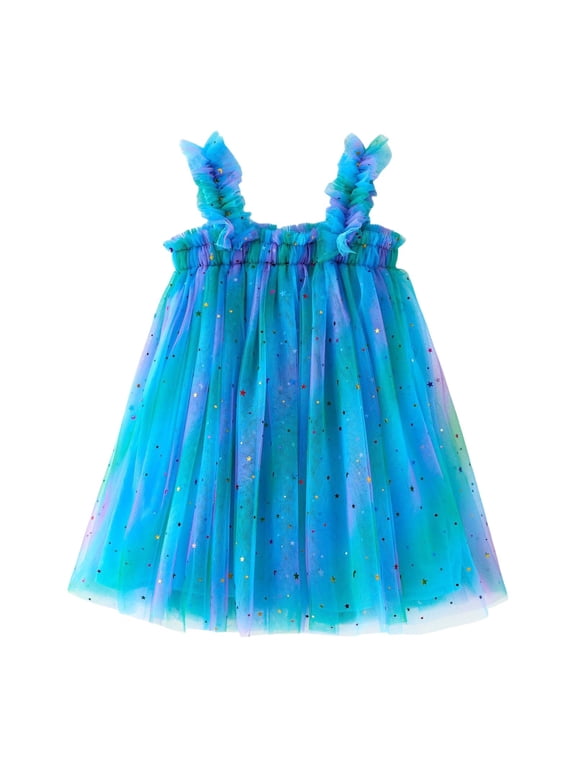 Toddler Girls Sequins Rainbow Tulle Dress Sleeveless Mesh Princess Dress, Sizes 3-4