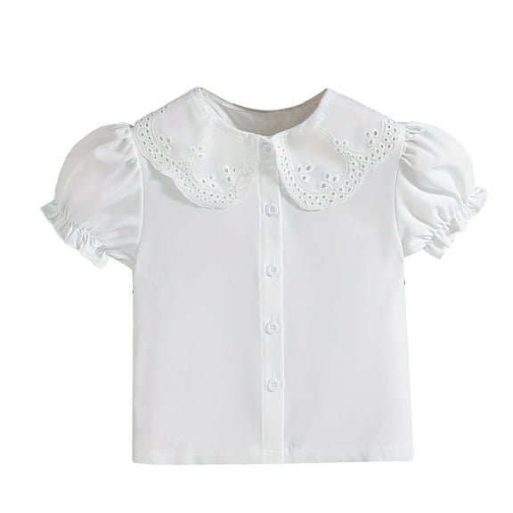 Tiijoy Toddler Girls Short Puff Sleeve Button Up Shirt Cute Solid Casual White Shirt Blouse