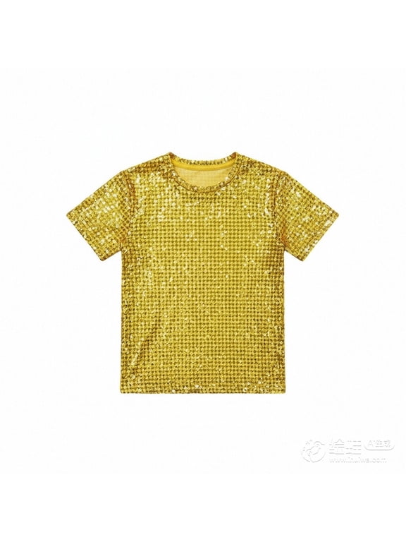 Toddler Girls Sparkly Sequin Short Sleeve T-Shirt Top Shiny Dance Stage Tee