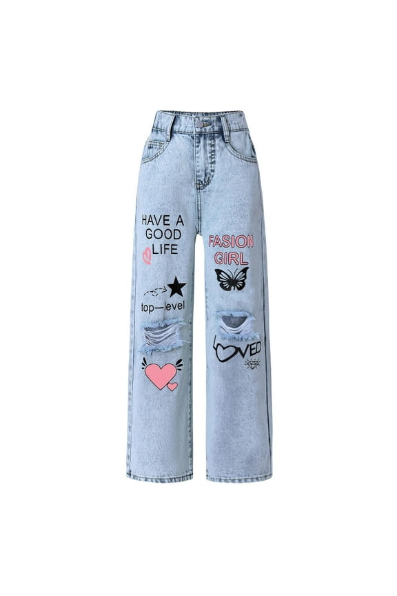Toddler Girls Straight Fit Ripped Jeans Graphic High Rise Denim Pants, Sizes 4-5