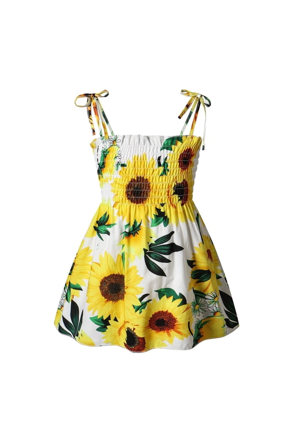 Toddler Girls Sunflower Print Slip Dress Summer Smocked A Line Dress, Sizes 3-4