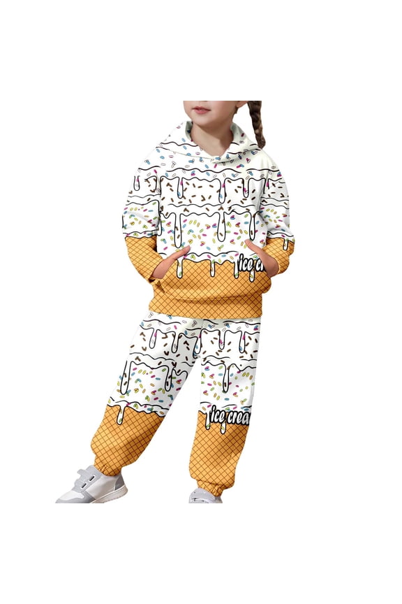 Toddler Girls Sweat Suit Ice-Cream Print Hoodie and Sweatpants Outfits, Sizes 4-5T