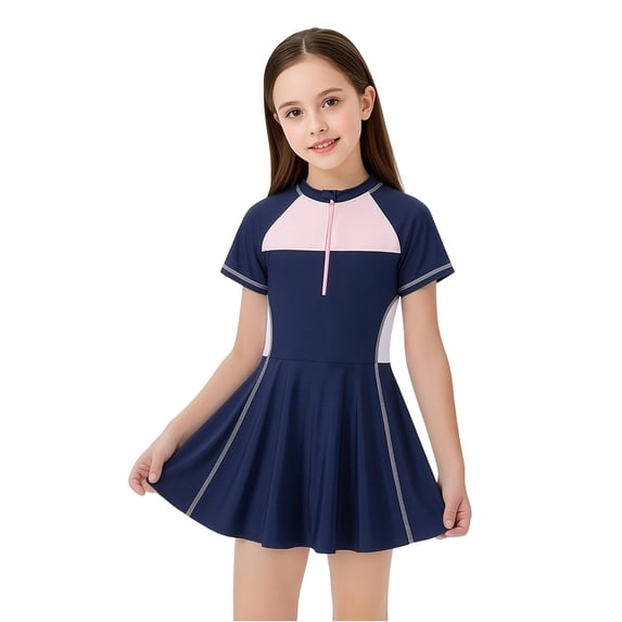 Tiijoy Toddler Girls Swim Dress Short Sleeve Rash Guard One-Piece Swimsuit Bathing Suit