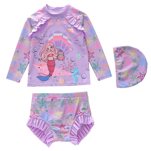 Tiijoy Toddler Girls Swimsuit Cartoon Ruffle Long Sleeve Rash Guard Bathing Suit with Swim Cap, 3-Piece, Sizes 3-14