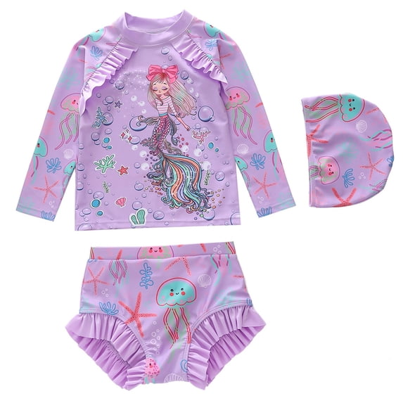 Tiijoy Toddler Girls Swimsuit Cartoon Ruffle Long Sleeve Rash Guard Bathing Suit with Swim Cap, 3-Piece, Sizes 3-14