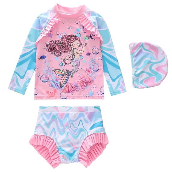 Tiijoy Toddler Girls Swimsuit Cartoon Ruffle Long Sleeve Rash Guard Bathing Suit with Swim Cap, 3-Piece, Sizes 3-14